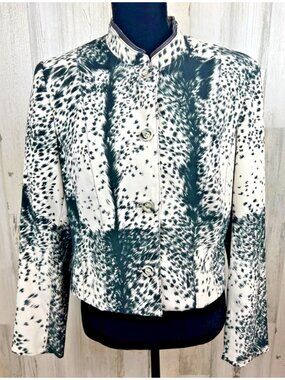 Vintage Alberto Makali Black and White Blazer Jacket With Leather Collar Size 12